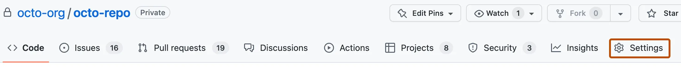 GitHub-repository met het tabblad Settings gemarkeerd