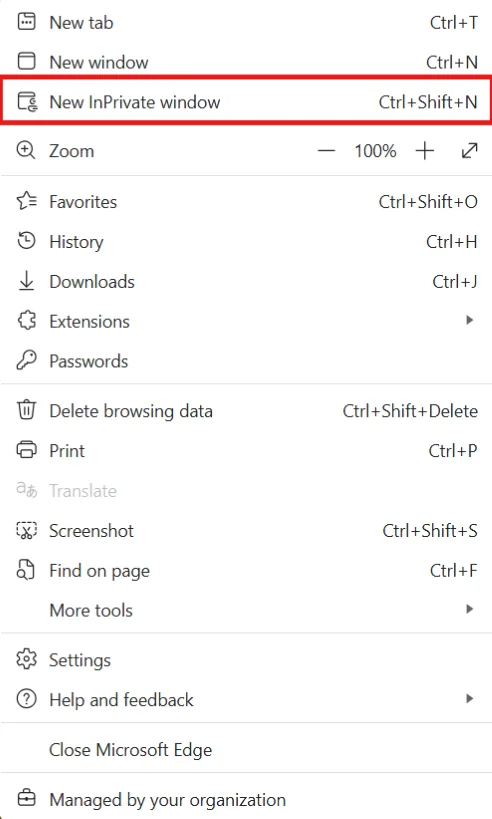 Microsoft Edge-menu waarin New InPrivate window rood is omkaderd